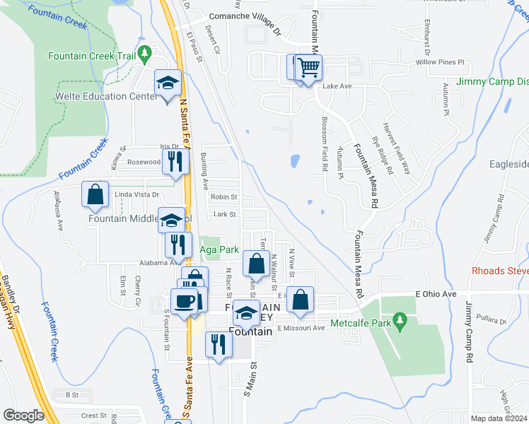 map of restaurants, bars, coffee shops, grocery stores, and more near 128 Wellington St in Fountain