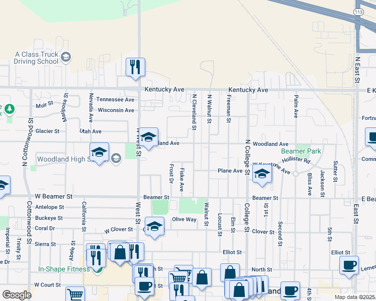 map of restaurants, bars, coffee shops, grocery stores, and more near 128 North Cleveland Street in Woodland