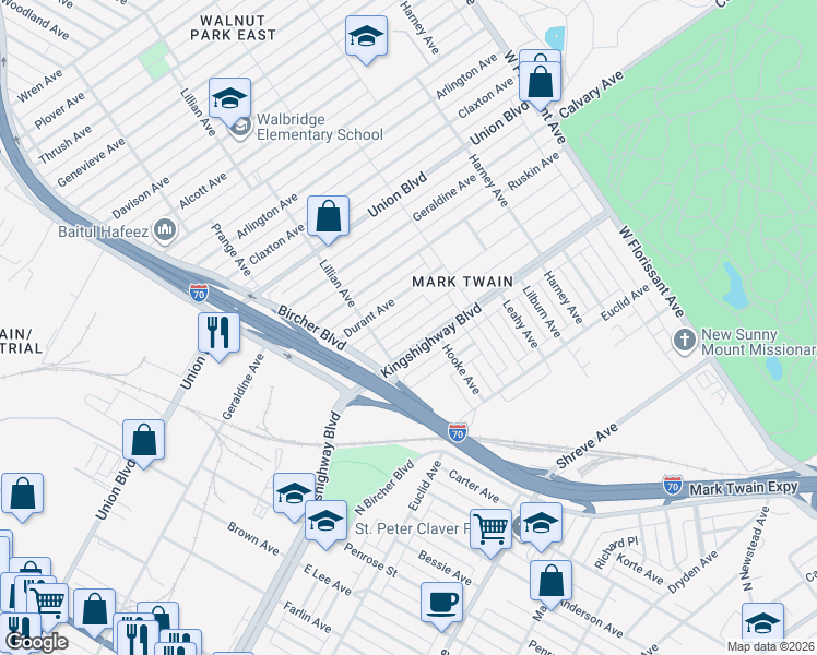 map of restaurants, bars, coffee shops, grocery stores, and more near 5029 Queens Avenue in St. Louis