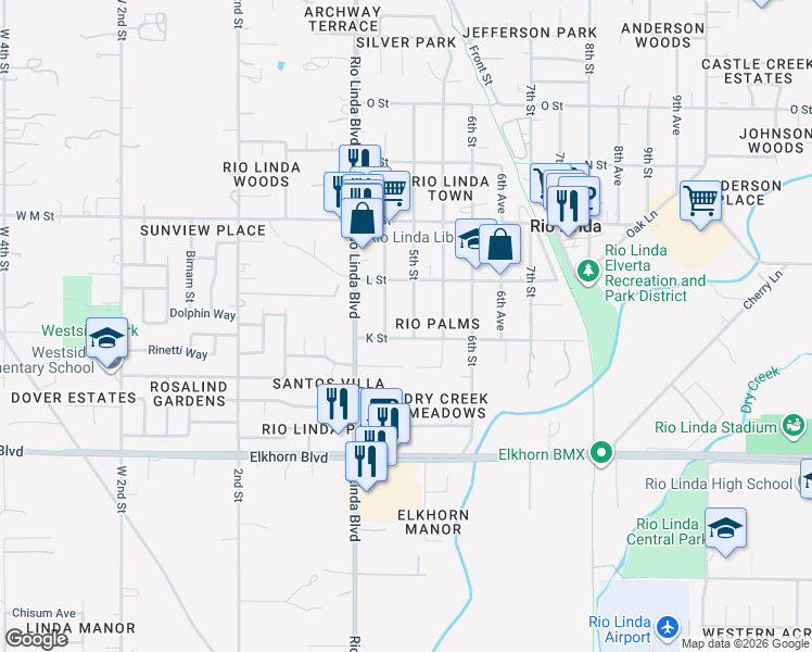 map of restaurants, bars, coffee shops, grocery stores, and more near 6611 5th Street in Rio Linda
