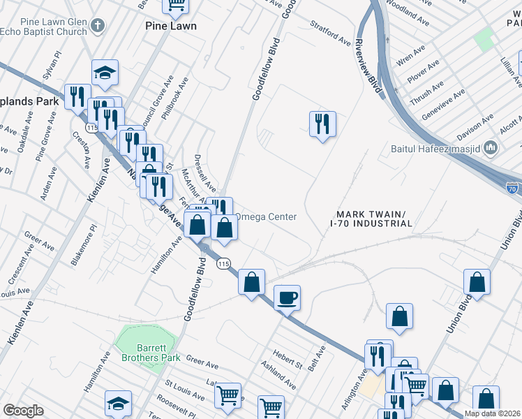 map of restaurants, bars, coffee shops, grocery stores, and more near 5701 Lincoln Way in St. Louis