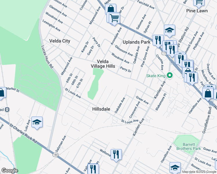 map of restaurants, bars, coffee shops, grocery stores, and more near 2156 Erick Avenue in St. Louis