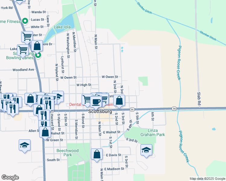 map of restaurants, bars, coffee shops, grocery stores, and more near 238 North 2nd Street in Scottsburg