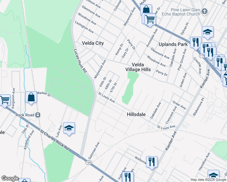 map of restaurants, bars, coffee shops, grocery stores, and more near 2122 67th Street in St. Louis