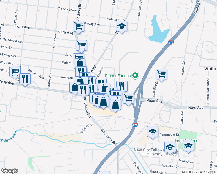 map of restaurants, bars, coffee shops, grocery stores, and more near 9021 Link Drive in Overland