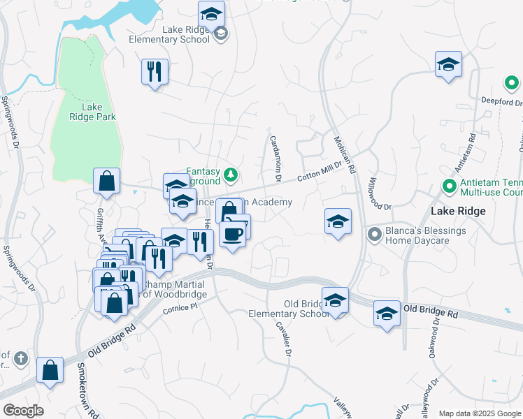 map of restaurants, bars, coffee shops, grocery stores, and more near 12242 Cardamom Drive in Woodbridge