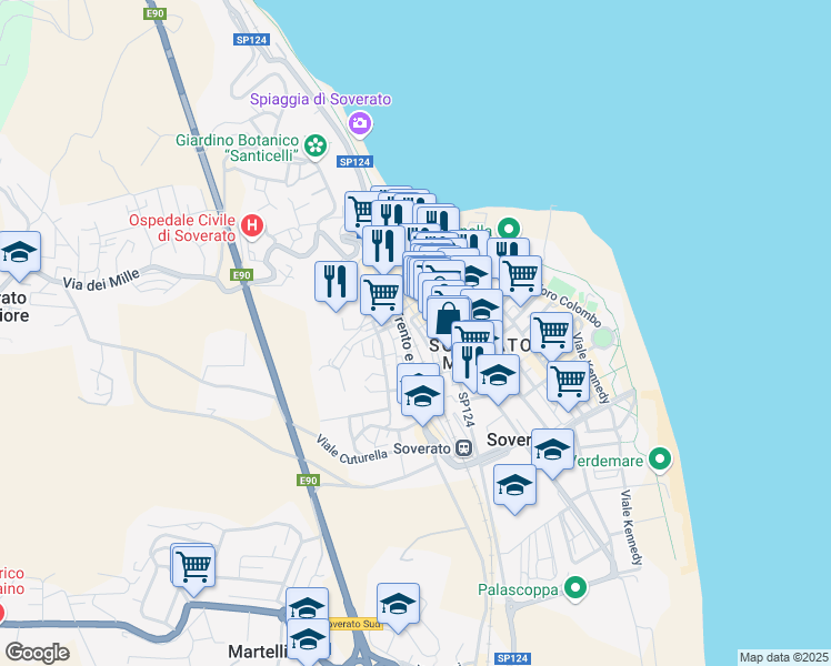 map of restaurants, bars, coffee shops, grocery stores, and more near 22 Via Giordano Bruno in Soverato Marina