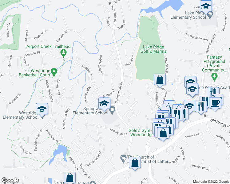 map of restaurants, bars, coffee shops, grocery stores, and more near 12233 Arabian Place in Woodbridge