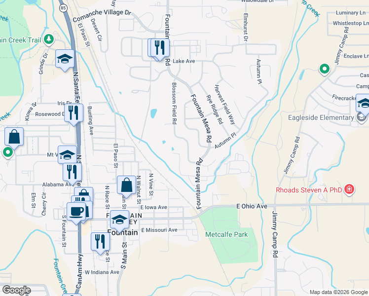map of restaurants, bars, coffee shops, grocery stores, and more near 537 Blossom Field Road in Fountain
