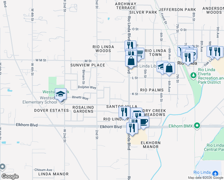 map of restaurants, bars, coffee shops, grocery stores, and more near 320 Withington Avenue in Rio Linda