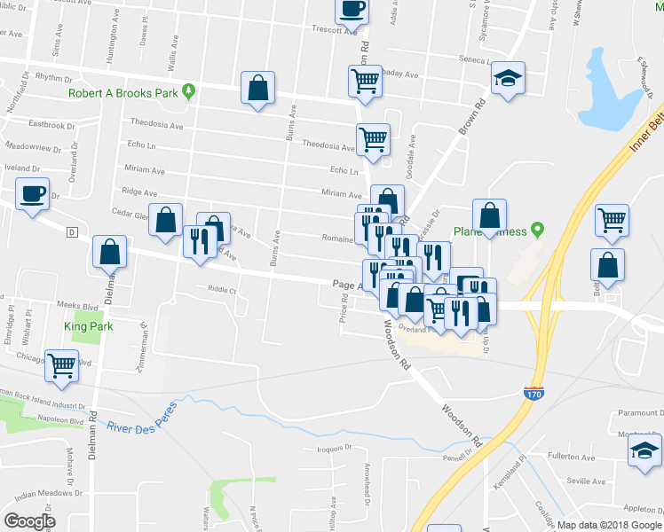 map of restaurants, bars, coffee shops, grocery stores, and more near 9430 Minerva Avenue in Overland
