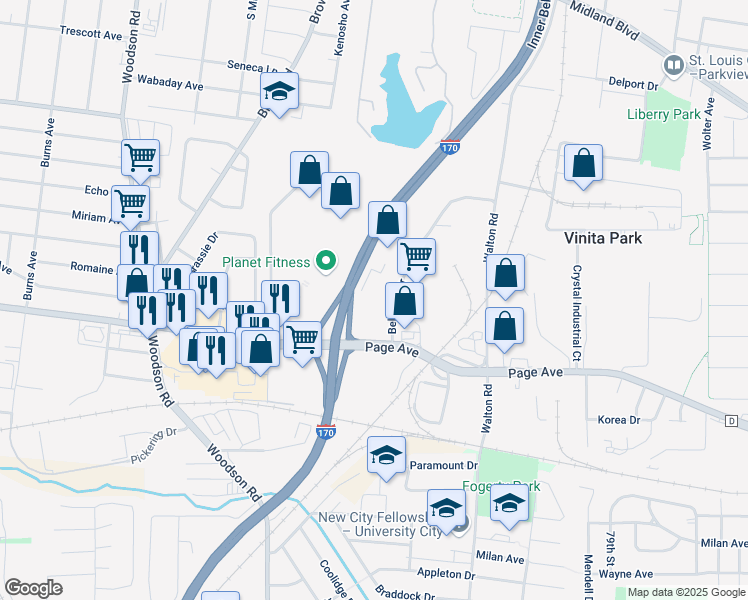 map of restaurants, bars, coffee shops, grocery stores, and more near 8825 Page Avenue in Overland