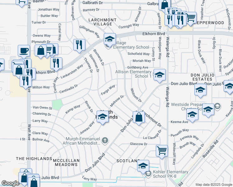map of restaurants, bars, coffee shops, grocery stores, and more near 6636 Medora Drive in North Highlands
