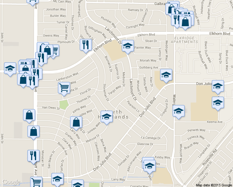 map of restaurants, bars, coffee shops, grocery stores, and more near 6636 Medora Drive in North Highlands