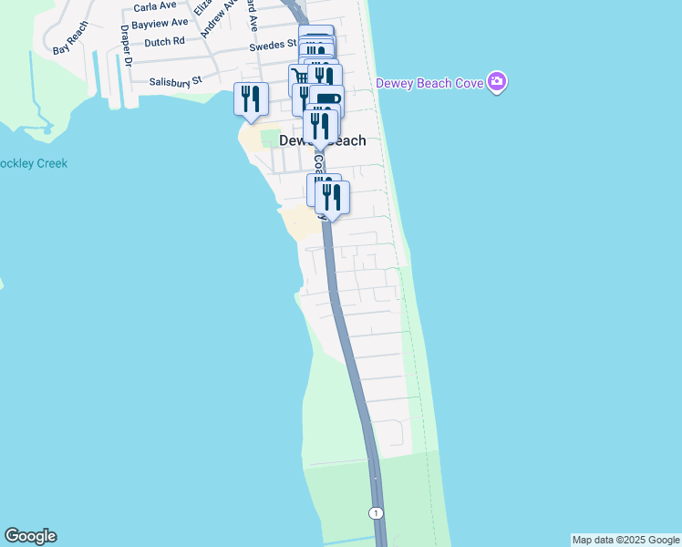 map of restaurants, bars, coffee shops, grocery stores, and more near 36 Collins Street in Dewey Beach