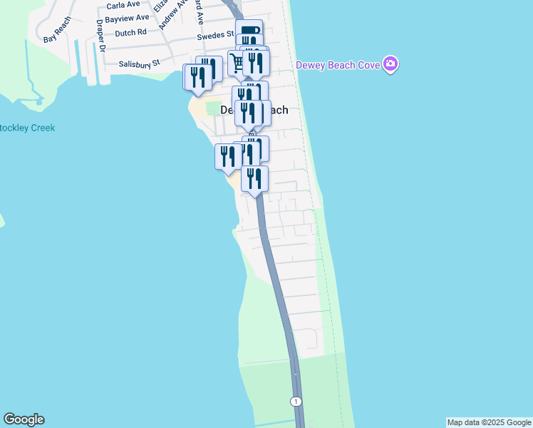map of restaurants, bars, coffee shops, grocery stores, and more near 36 Collins Street in Dewey Beach