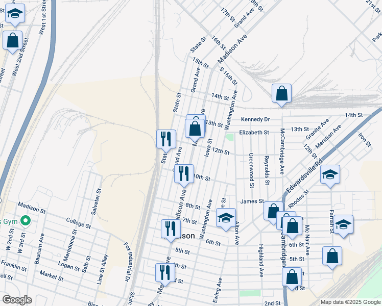 map of restaurants, bars, coffee shops, grocery stores, and more near 1113 Madison Avenue in Madison