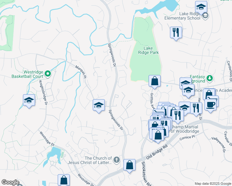 map of restaurants, bars, coffee shops, grocery stores, and more near 12221 Wadsworth Way in Woodbridge