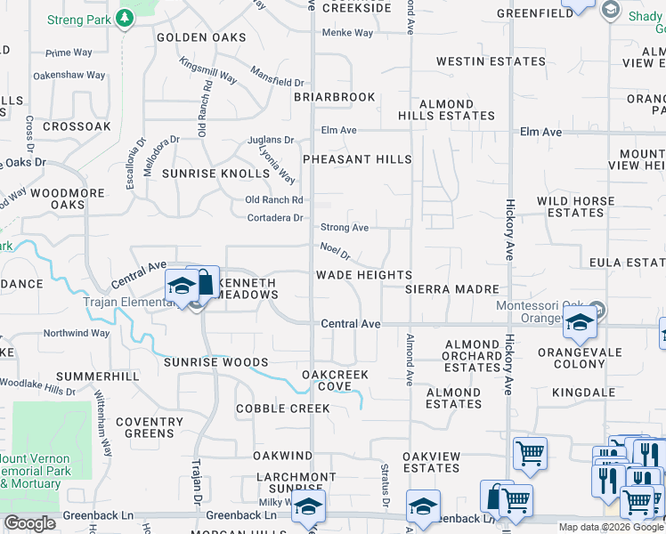 map of restaurants, bars, coffee shops, grocery stores, and more near 6646 Quanah Way in Orangevale