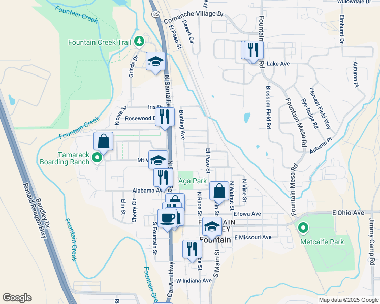 map of restaurants, bars, coffee shops, grocery stores, and more near 225 Lark St in Fountain