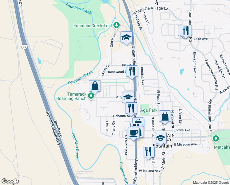 map of restaurants, bars, coffee shops, grocery stores, and more near 609 Buena Ventura Street in Fountain