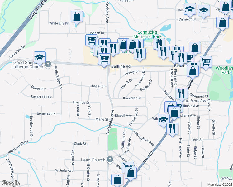 map of restaurants, bars, coffee shops, grocery stores, and more near 840 Victory Drive in Collinsville