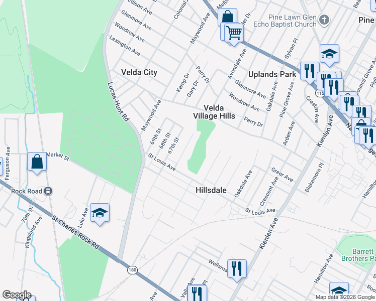 map of restaurants, bars, coffee shops, grocery stores, and more near 2134 Rosebud Avenue in St. Louis
