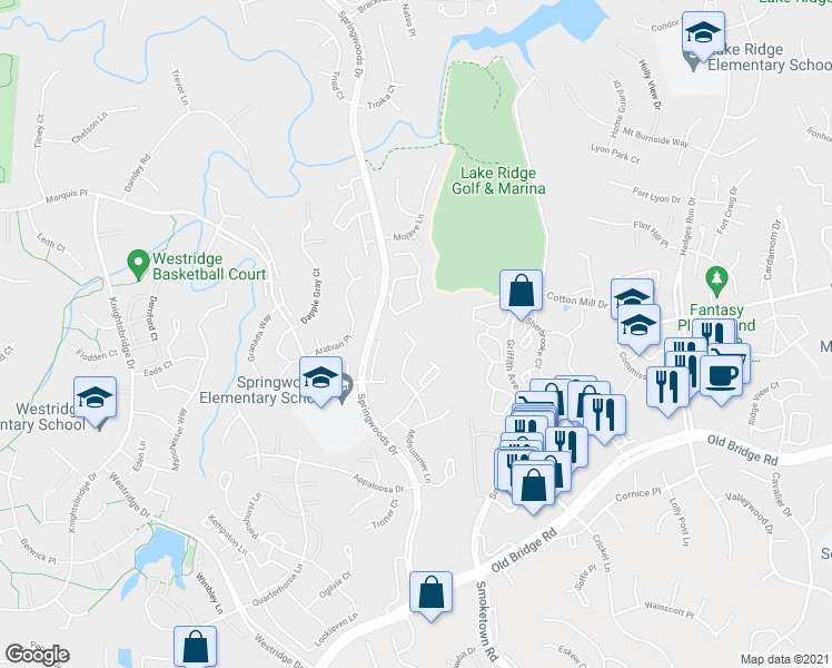 map of restaurants, bars, coffee shops, grocery stores, and more near 12197 Chaucer Lane in Woodbridge