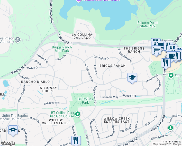 map of restaurants, bars, coffee shops, grocery stores, and more near 145 Briggs Ranch Drive in Folsom