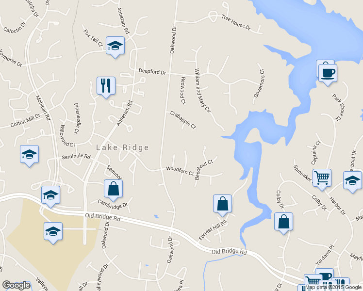 map of restaurants, bars, coffee shops, grocery stores, and more near 12302 Mulberry Court in Woodbridge