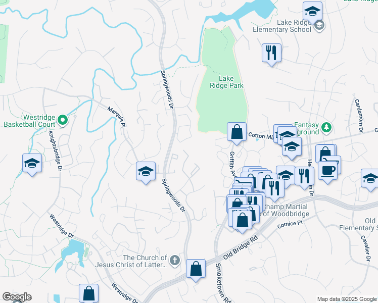 map of restaurants, bars, coffee shops, grocery stores, and more near 12205 Chaucer Lane in Woodbridge