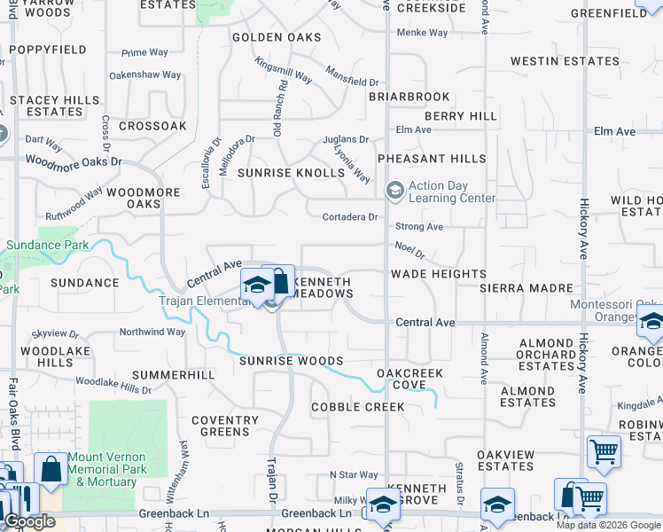 map of restaurants, bars, coffee shops, grocery stores, and more near 6742 Quanah Way in Orangevale