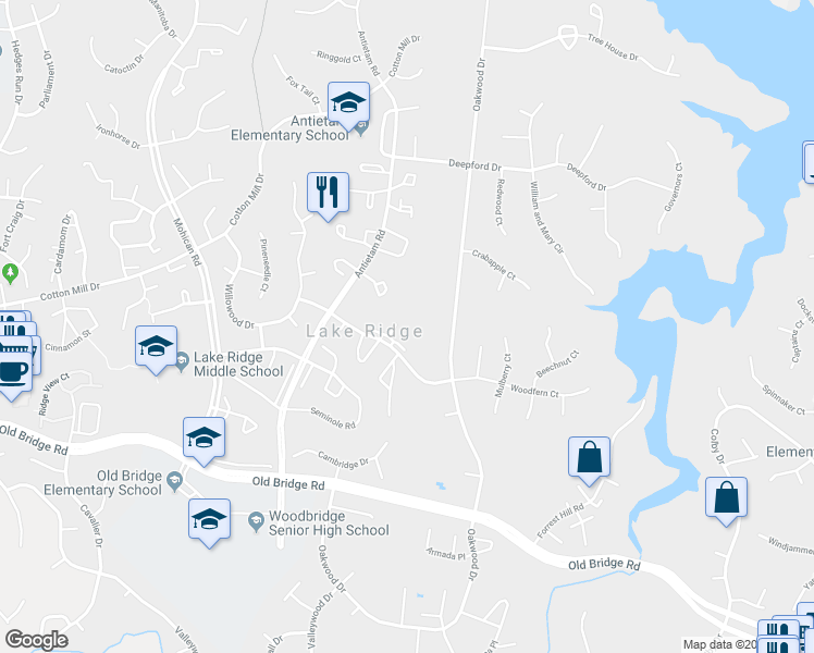 map of restaurants, bars, coffee shops, grocery stores, and more near 2828 Chablis Circle in Woodbridge