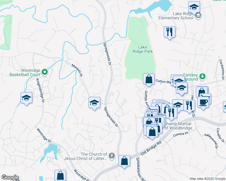 map of restaurants, bars, coffee shops, grocery stores, and more near 12247 Wadsworth Way in Woodbridge