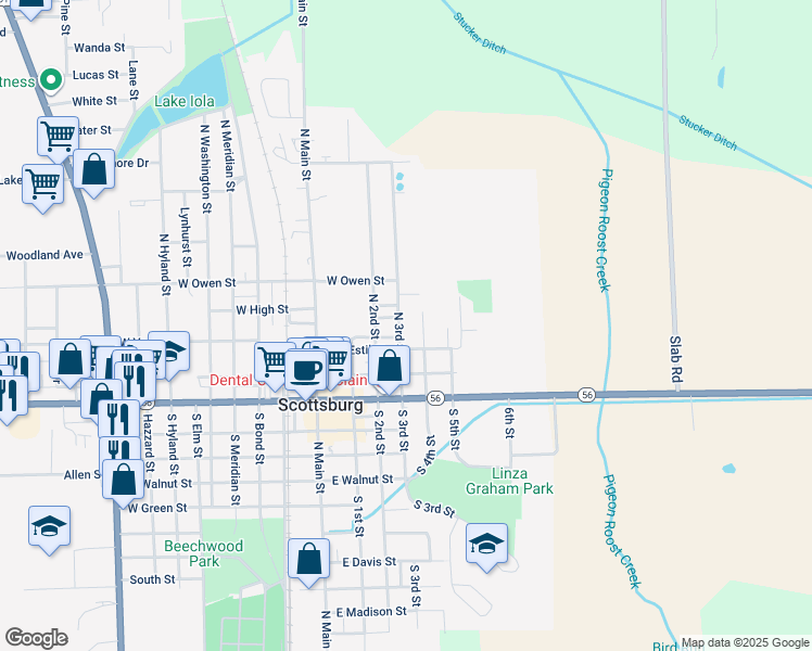 map of restaurants, bars, coffee shops, grocery stores, and more near 245 North 3rd Street in Scottsburg
