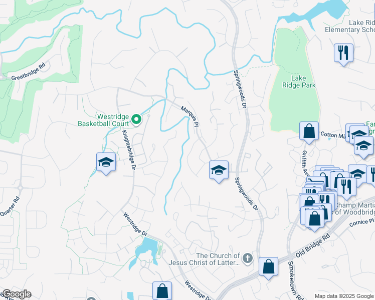 map of restaurants, bars, coffee shops, grocery stores, and more near 12268 Granada Way in Woodbridge