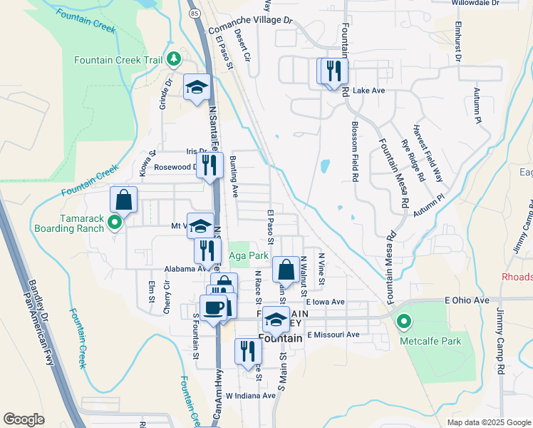 map of restaurants, bars, coffee shops, grocery stores, and more near 701 North El Paso Street in Fountain