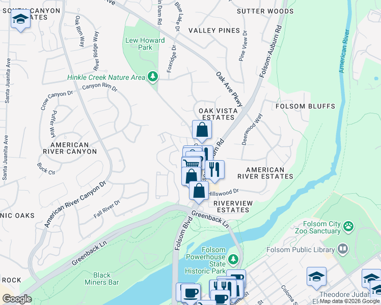 map of restaurants, bars, coffee shops, grocery stores, and more near 6700 Oak Avenue in Folsom