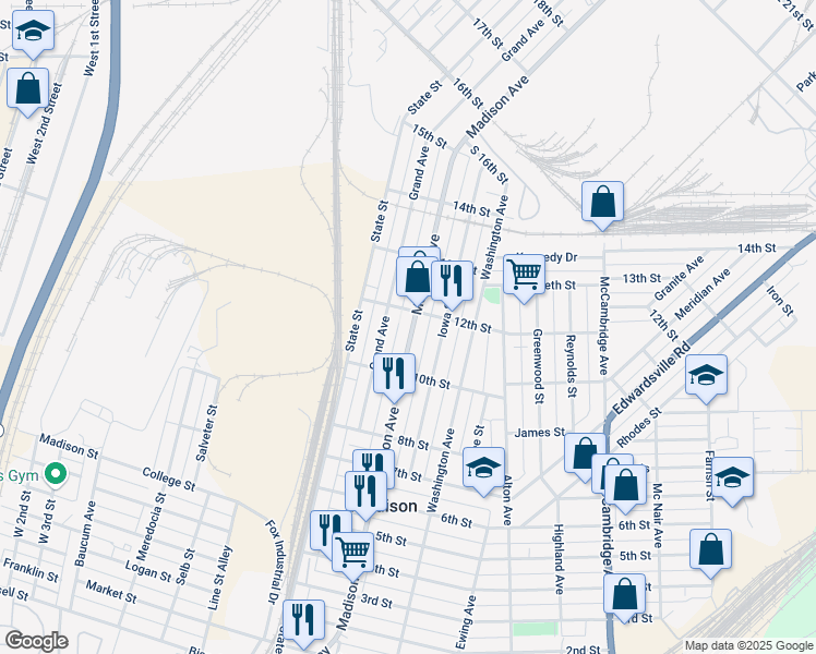 map of restaurants, bars, coffee shops, grocery stores, and more near 1113 Madison Avenue in Madison