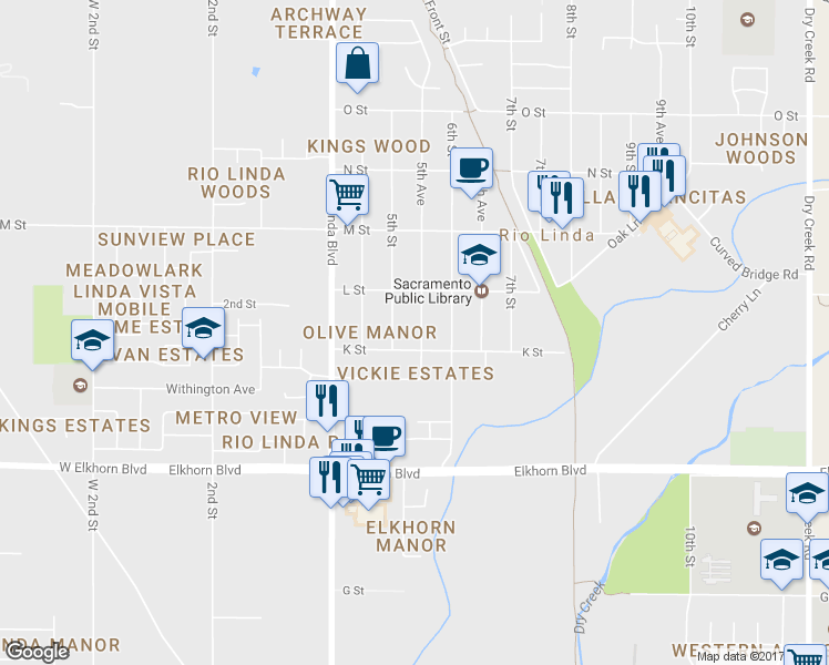 map of restaurants, bars, coffee shops, grocery stores, and more near 6613 5th Avenue in Rio Linda