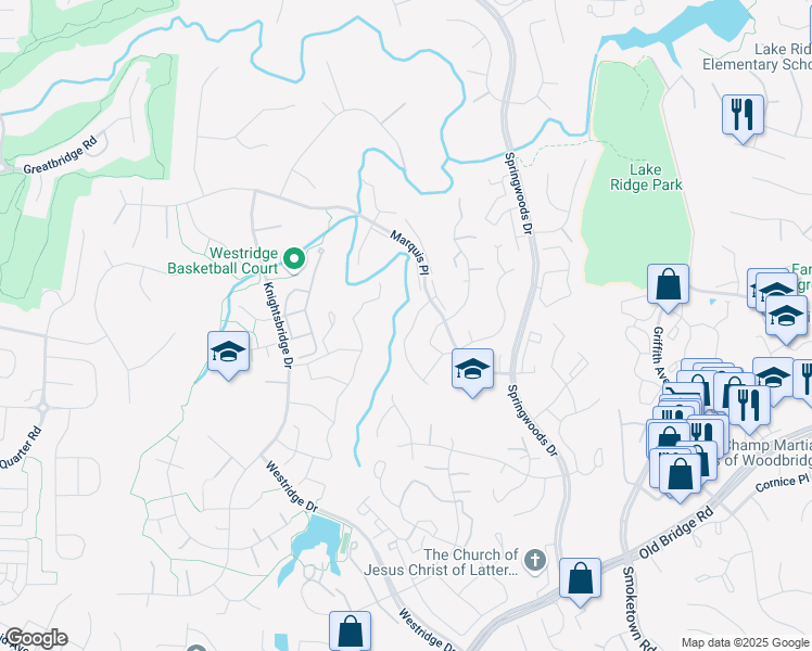 map of restaurants, bars, coffee shops, grocery stores, and more near 12268 Granada Way in Woodbridge