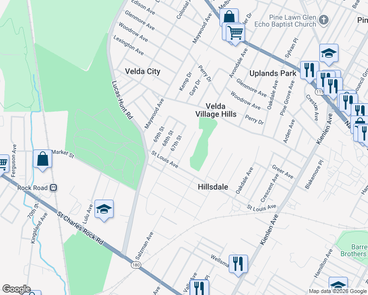 map of restaurants, bars, coffee shops, grocery stores, and more near 2134 Rosebud Avenue in St. Louis