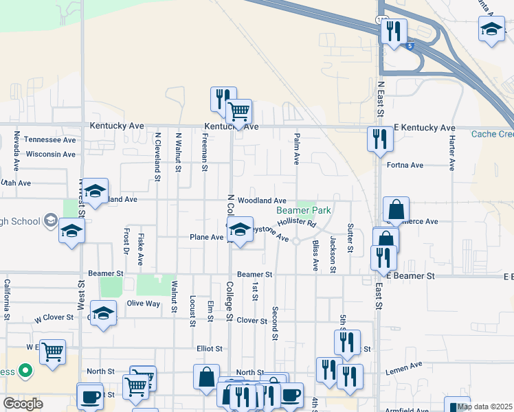 map of restaurants, bars, coffee shops, grocery stores, and more near 520 Woodland Avenue in Woodland