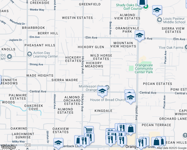map of restaurants, bars, coffee shops, grocery stores, and more near 6704 Hickory Avenue in Orangevale