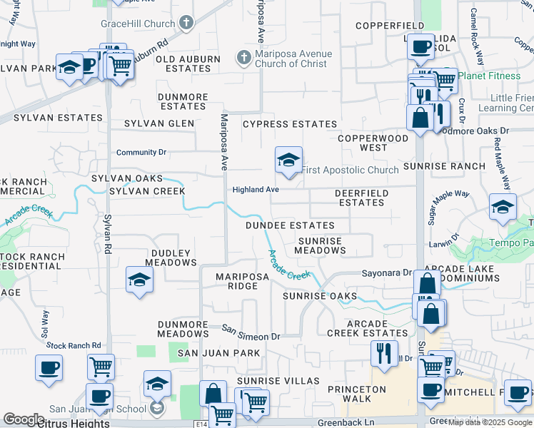 map of restaurants, bars, coffee shops, grocery stores, and more near 6701 Rinconada Drive in Citrus Heights