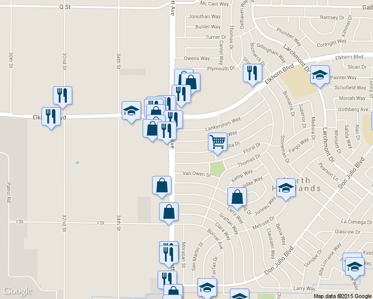 map of restaurants, bars, coffee shops, grocery stores, and more near 3617 Centinella Drive in North Highlands