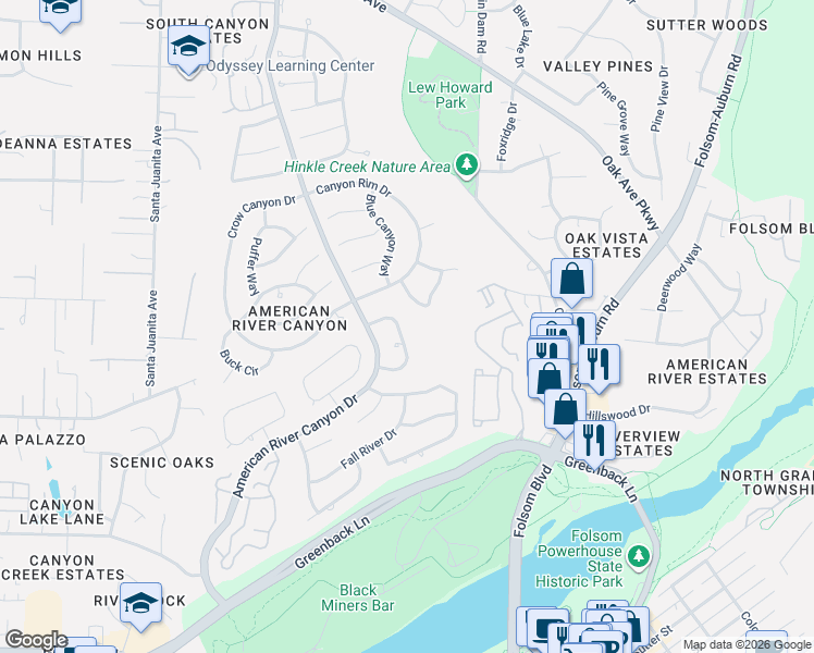 map of restaurants, bars, coffee shops, grocery stores, and more near 128 Grey Canyon Drive in Folsom