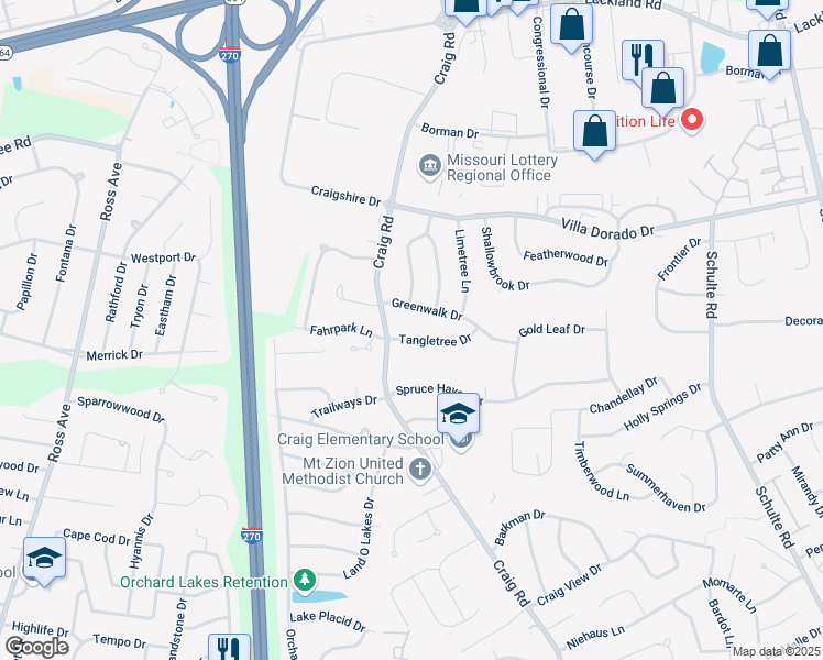 map of restaurants, bars, coffee shops, grocery stores, and more near 12087 Tangletree Drive in St. Louis