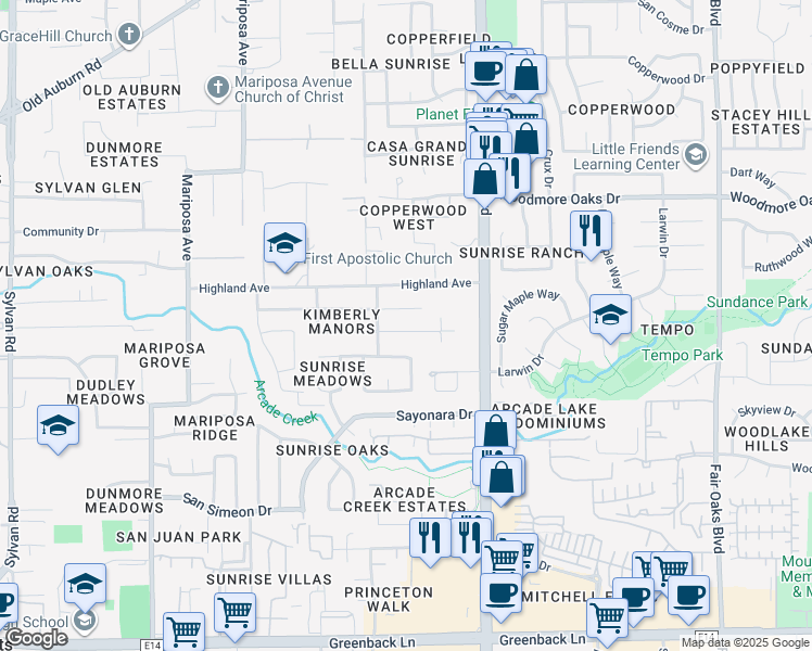 map of restaurants, bars, coffee shops, grocery stores, and more near 6616 Pacheco Way in Citrus Heights