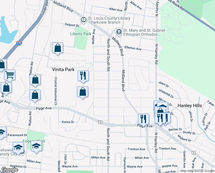 map of restaurants, bars, coffee shops, grocery stores, and more near 8301 Jackson St in St Louis